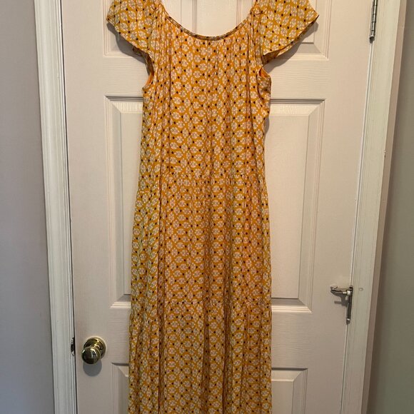 Knox Rose Women's Flutter Sleeve A-Line Yellow/Orange Midi Dress Boho Style Sz L - Picture 4 of 5